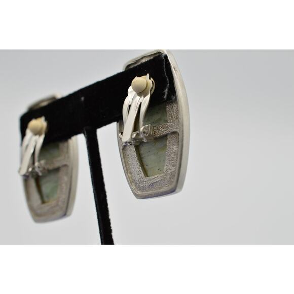 Vintage Earrings Brushed Silver Faux Green Stone Cabochon Statement 1980s 9G - Picture 12 of 12